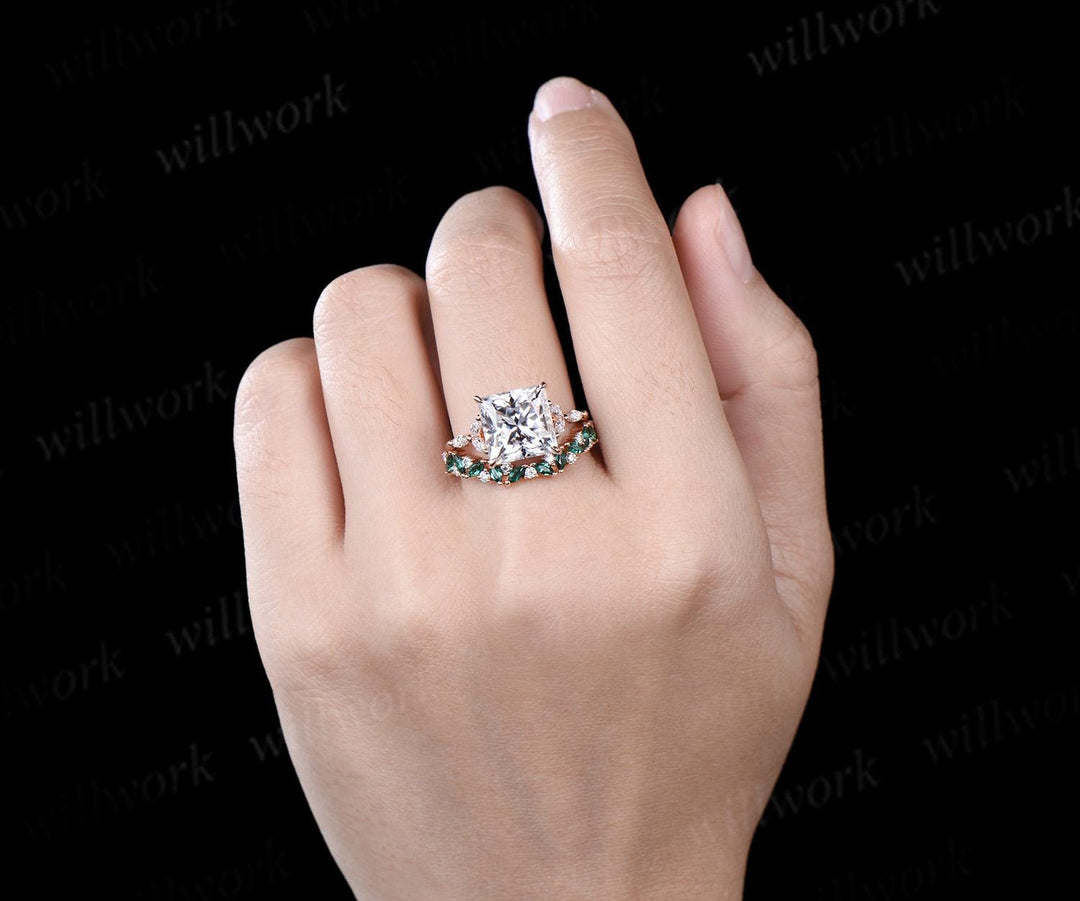4ct princess cut moissanite engagement ring set rose gold stacking marquise emerald wedding promise ring set women jewelry
