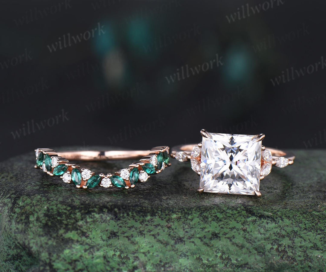 4ct princess cut moissanite engagement ring set rose gold stacking marquise emerald wedding promise ring set women jewelry
