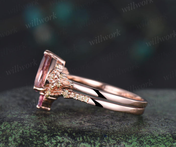 Teardrop pear cut natural pink tourmaline engagement ring set solid 14k rose gold floral leaf peridot ring vintage promise ring her jewelry