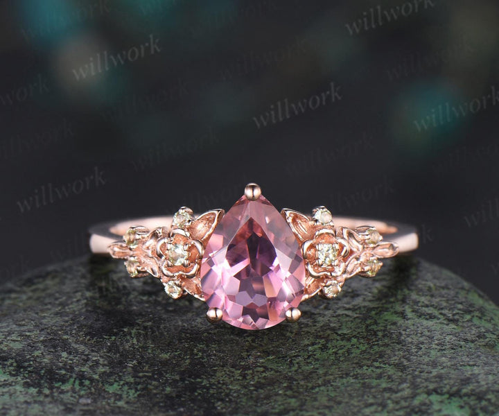 Teardrop pear cut natural pink tourmaline engagement ring set solid 14k rose gold floral leaf peridot ring vintage promise ring her jewelry