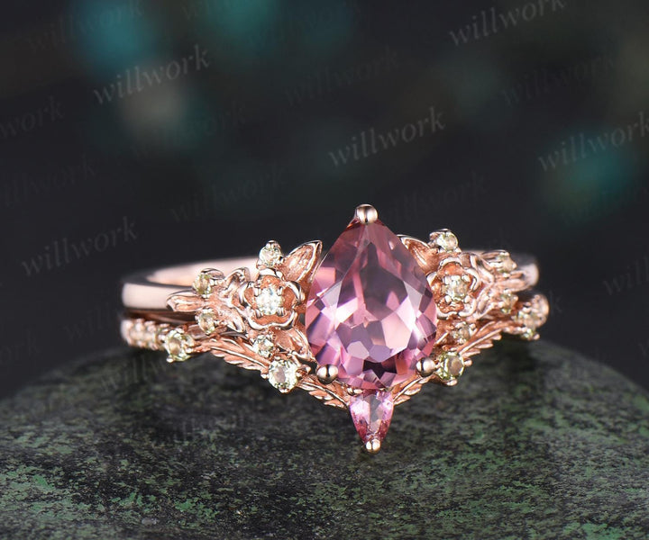 Teardrop pear cut natural pink tourmaline engagement ring set solid 14k rose gold floral leaf peridot ring vintage promise ring her jewelry
