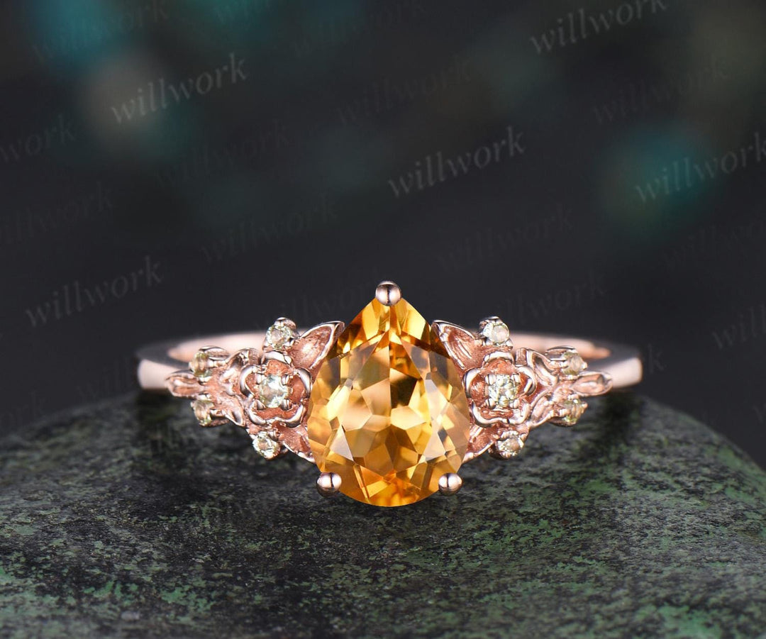 Teardrop pear cut yellow citrine engagement ring set solid 14k rose gold floral leaf nature inspired peridot ring vintage anniversary gift