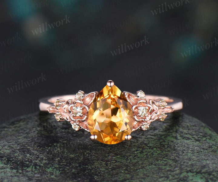 Teardrop pear cut yellow citrine engagement ring set solid 14k rose gold floral leaf nature inspired peridot ring vintage anniversary gift