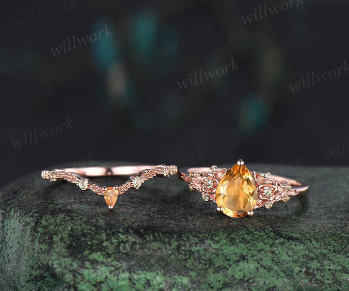 Teardrop pear cut yellow citrine engagement ring set solid 14k rose gold floral leaf nature inspired peridot ring vintage anniversary gift