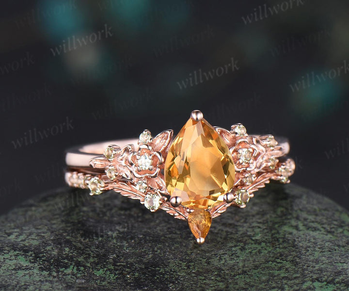 Teardrop pear cut yellow citrine engagement ring set solid 14k rose gold floral leaf nature inspired peridot ring vintage anniversary gift