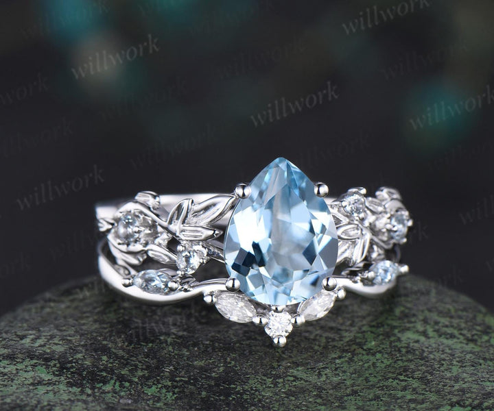 Pear shaped Aquamarine ring leaf infinity nature inspired engagement ring set 18k white gold stackable promise wedding ring set jewelry