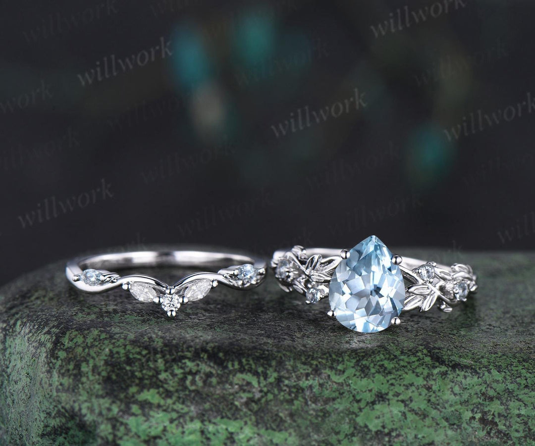 Pear shaped Aquamarine ring leaf infinity nature inspired engagement ring set 18k white gold stackable promise wedding ring set jewelry