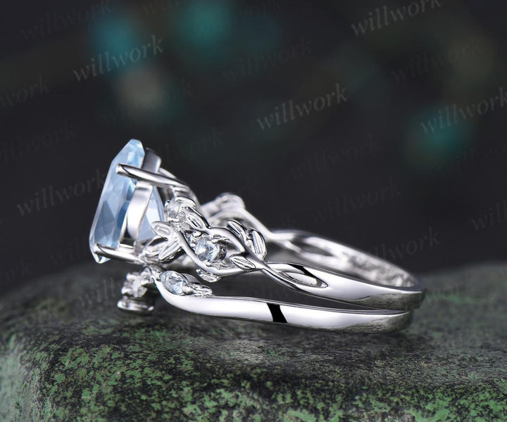 Pear shaped Aquamarine ring leaf infinity nature inspired engagement ring set 18k white gold stackable promise wedding ring set jewelry