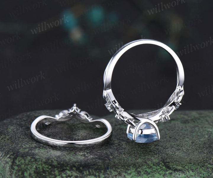 Pear shaped Aquamarine ring leaf infinity nature inspired engagement ring set 18k white gold stackable promise wedding ring set jewelry