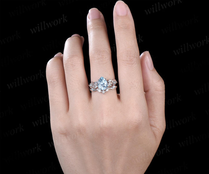 Pear shaped Aquamarine ring leaf infinity nature inspired engagement ring set 18k white gold stackable promise wedding ring set jewelry