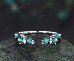 Open gap curved marquise cut emerald wedding band solid 14k white gold cluster diamond ring vintage bridal anniversary ring gift