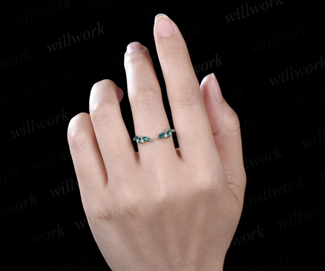 Open gap curved marquise cut emerald wedding band solid 14k white gold cluster diamond ring vintage bridal anniversary ring gift