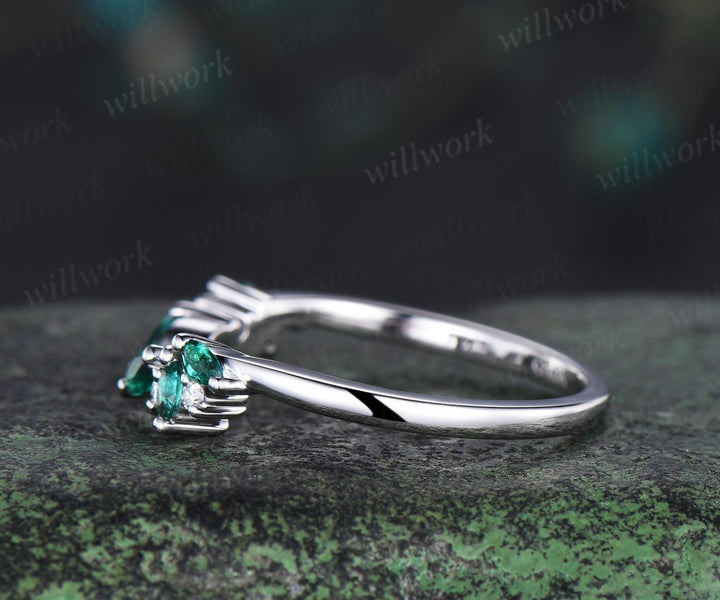 Open gap curved marquise cut emerald wedding band solid 14k white gold cluster diamond ring vintage bridal anniversary ring gift