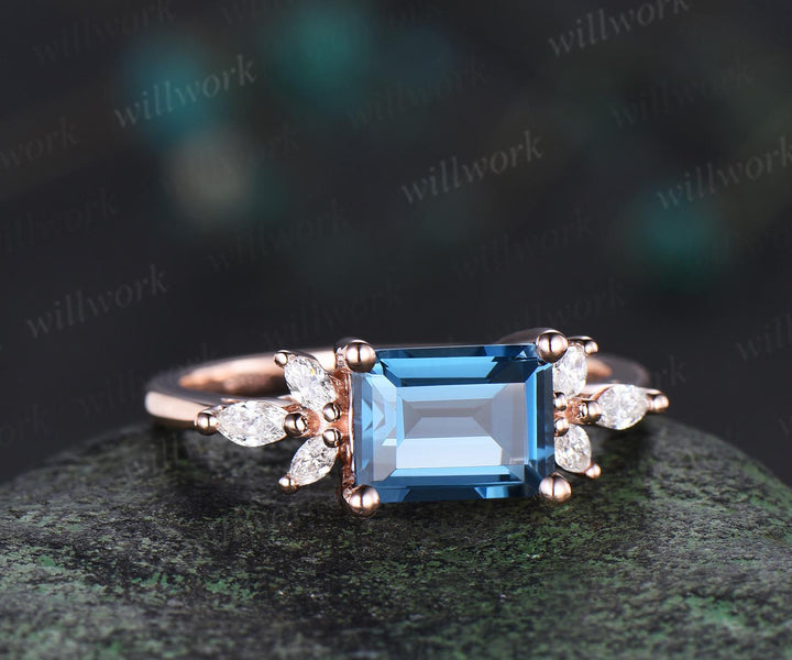 East to west emerald cut London blue topaz engagement ring vintage cluster marquise diamond wedding promise ring rose gold gift for women