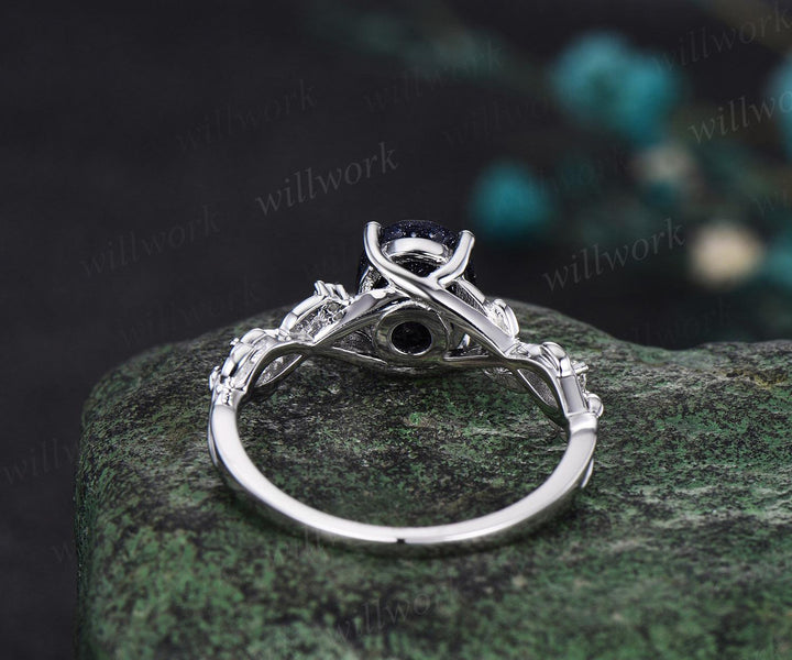 Oval cut blue sandstone ring vintage white gold blue goldstone engagement ring infinity five stone leaf anniversary ring gift