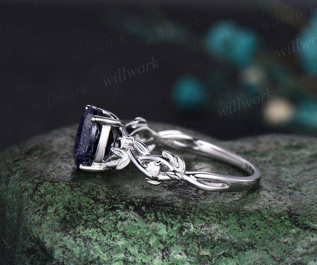 Oval cut blue sandstone ring vintage white gold blue goldstone engagement ring infinity five stone leaf anniversary ring gift