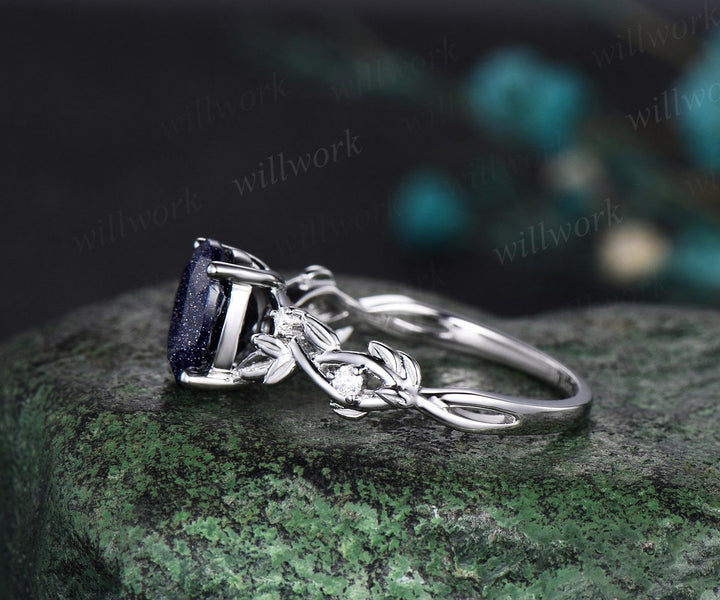Oval cut blue sandstone ring vintage white gold blue goldstone engagement ring infinity five stone leaf anniversary ring gift
