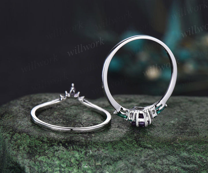 kite cut amethyst emerald engagement ring set solid 14k white gold stacking bridal ring set women gift