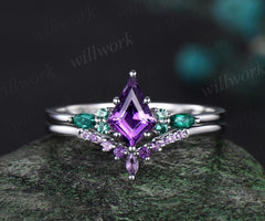 kite cut amethyst emerald engagement ring set solid 14k white gold stacking bridal ring set women gift