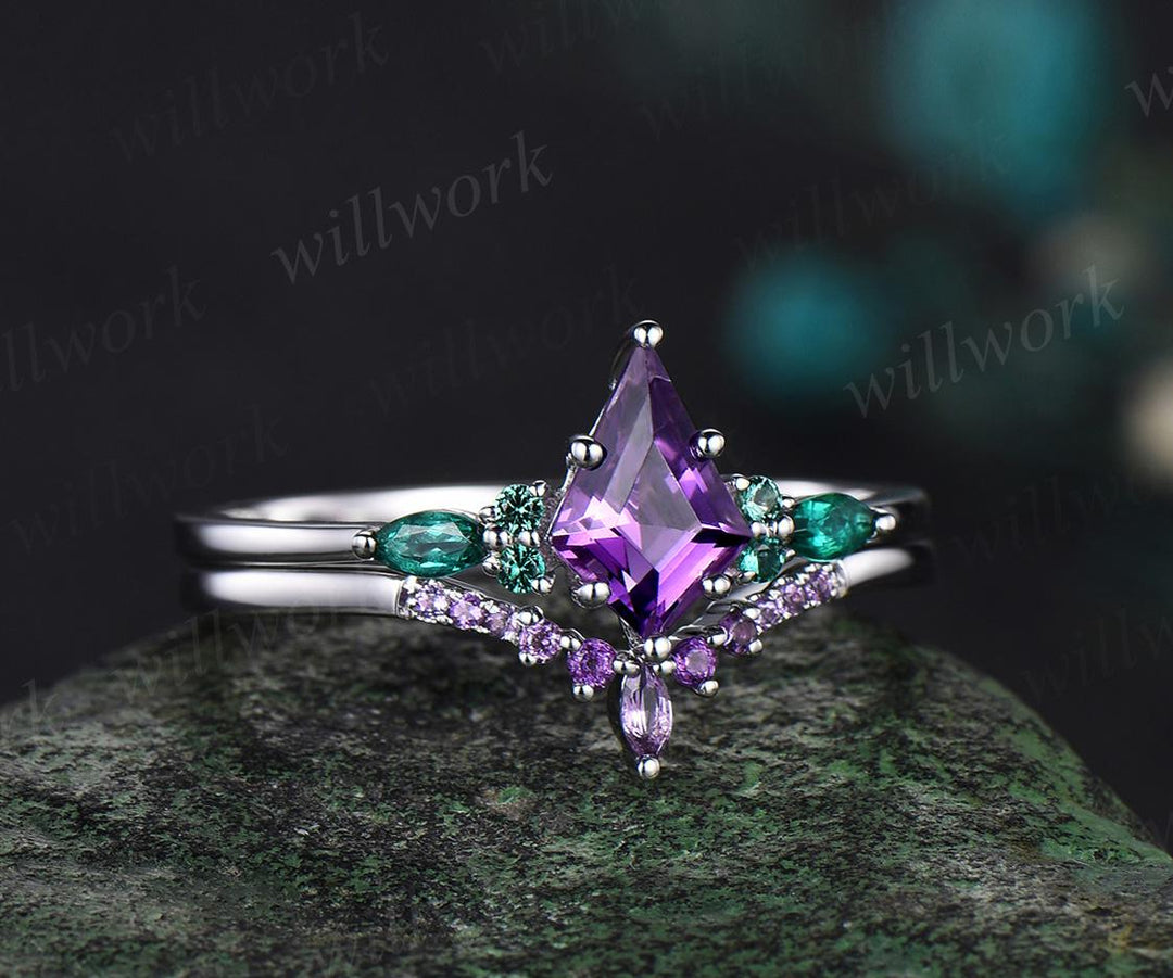 kite cut amethyst emerald engagement ring set solid 14k white gold stacking bridal ring set women gift