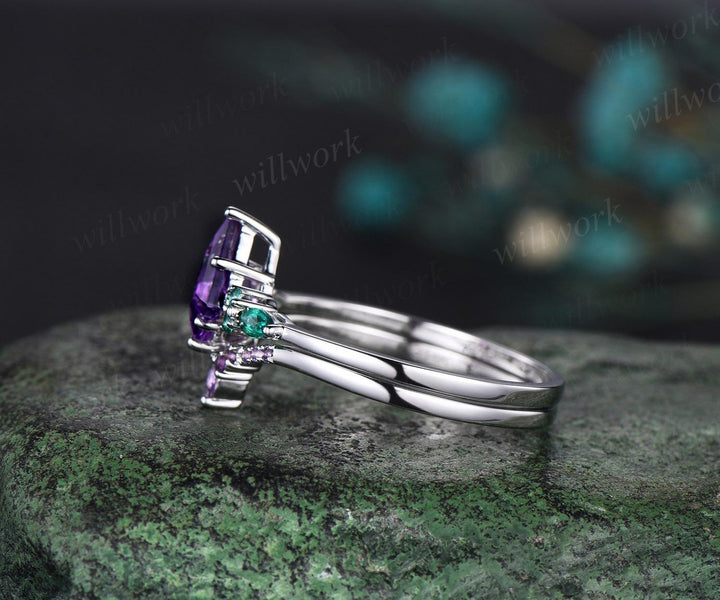 kite cut amethyst emerald engagement ring set solid 14k white gold stacking bridal ring set women gift