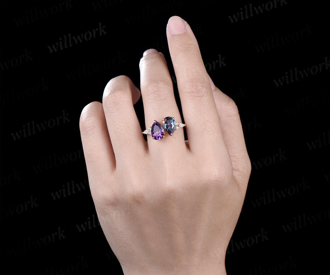Pear amethyst alexandrite engagement ring solid 14k yellow gold unique diamond wedding promise ring women jewelry