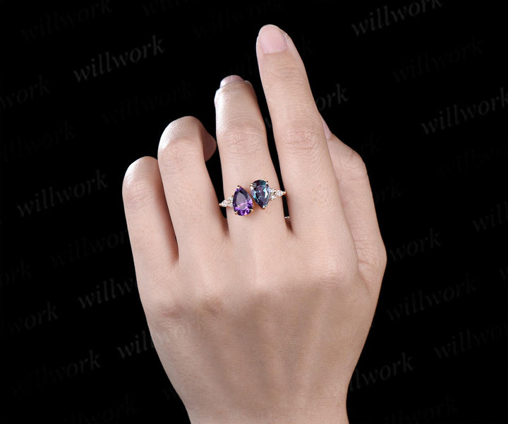 Pear amethyst alexandrite engagement ring solid 14k yellow gold unique diamond wedding promise ring women jewelry