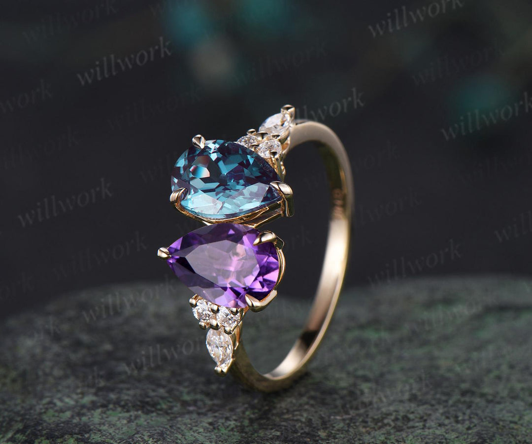 Pear amethyst alexandrite engagement ring solid 14k yellow gold unique diamond wedding promise ring women jewelry