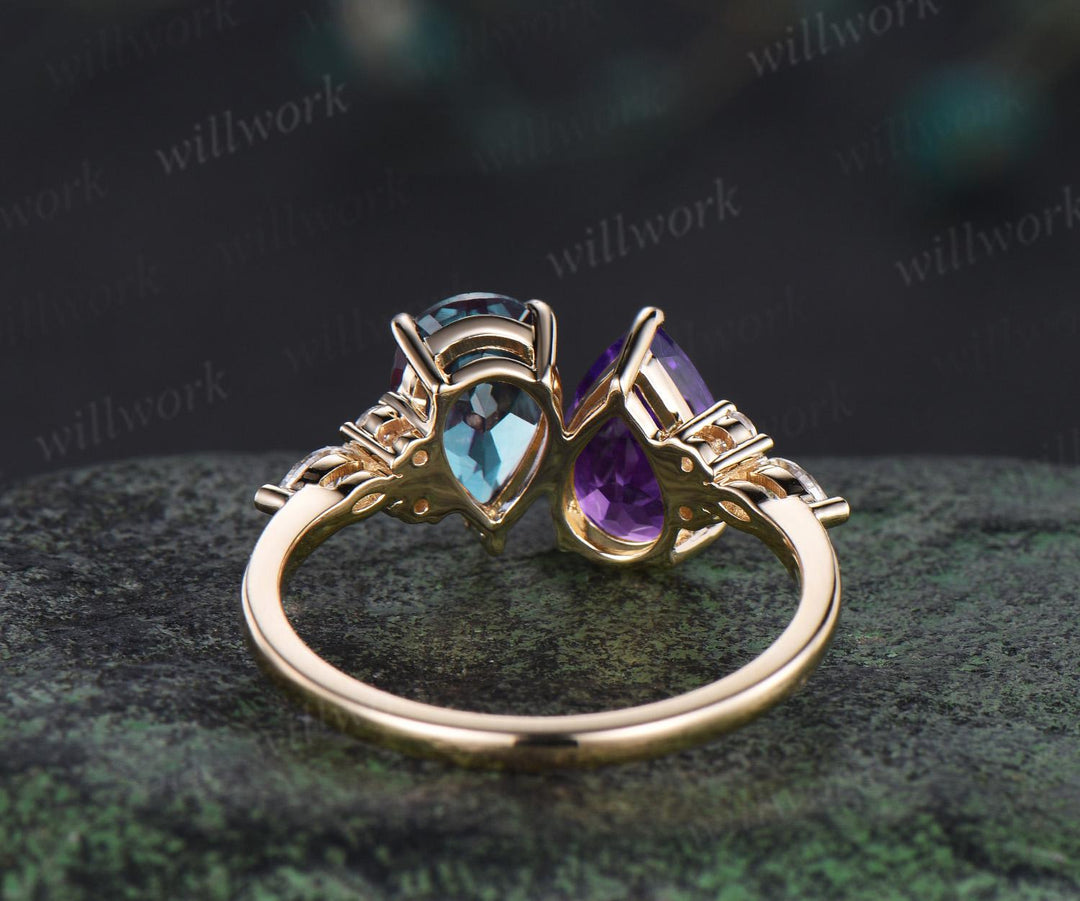 Pear amethyst alexandrite engagement ring solid 14k yellow gold unique diamond wedding promise ring women jewelry