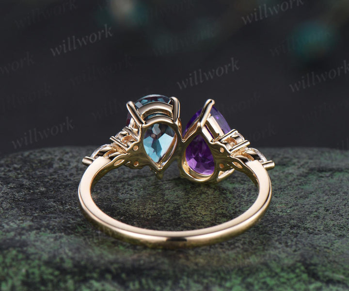 Pear amethyst alexandrite engagement ring solid 14k yellow gold unique diamond wedding promise ring women jewelry