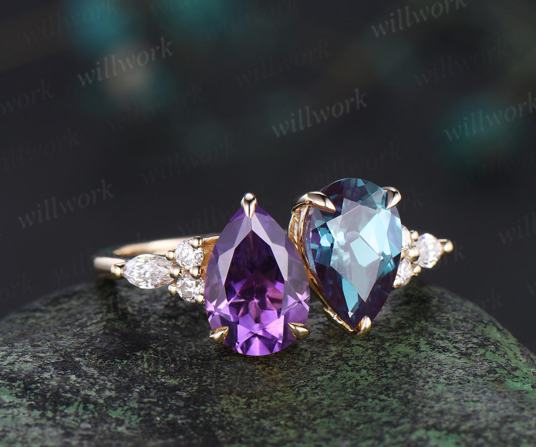 Pear amethyst alexandrite engagement ring solid 14k yellow gold unique diamond wedding promise ring women jewelry