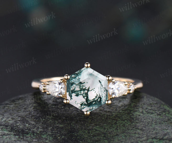 Unique hexagon cut moss agate engagement ring set five stone moissanite yellow gold ring women stackable promise ring her gift