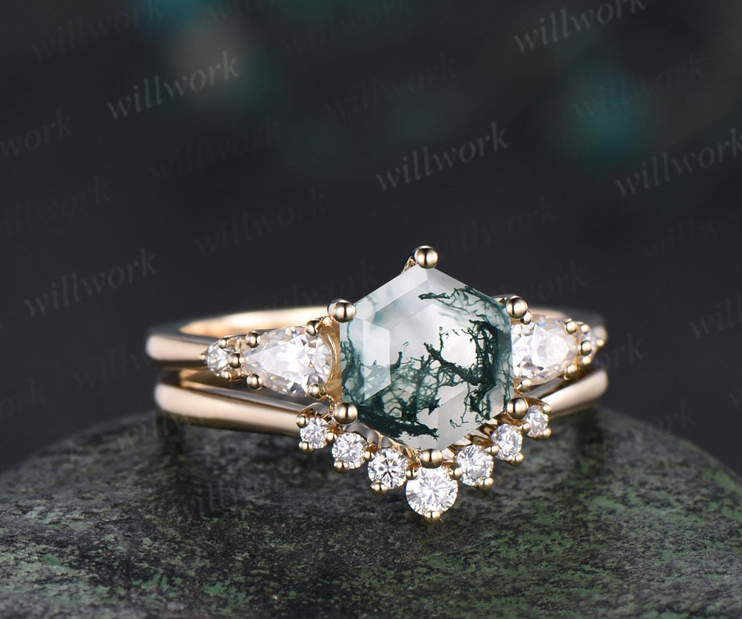 Unique hexagon cut moss agate engagement ring set five stone moissanite yellow gold ring women stackable promise ring her gift