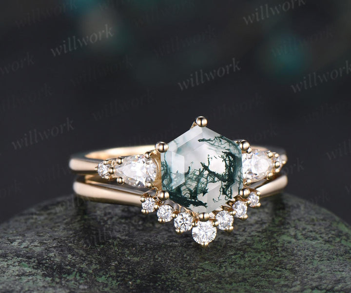 Unique hexagon cut moss agate engagement ring set five stone moissanite yellow gold ring women stackable promise ring her gift