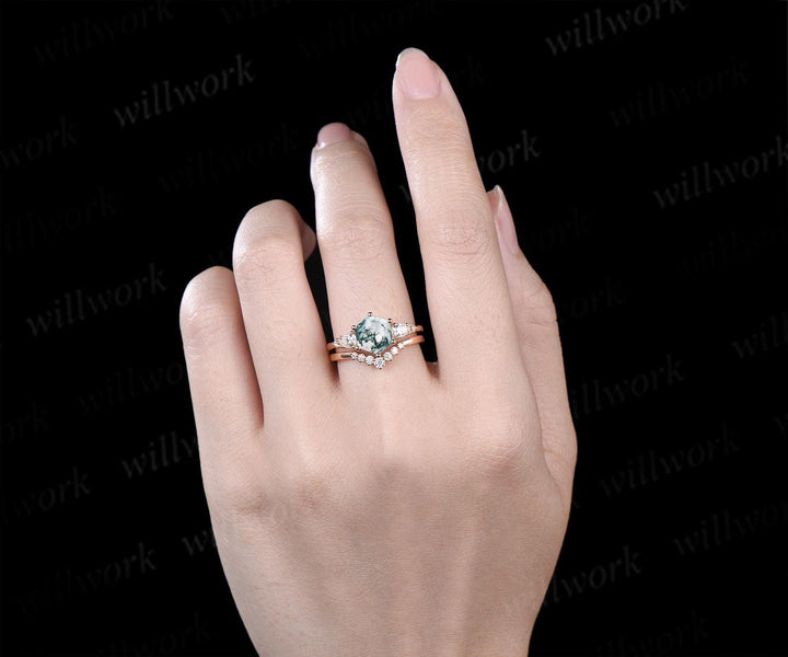 Unique hexagon cut moss agate engagement ring set five stone moissanite yellow gold ring women stackable promise ring her gift
