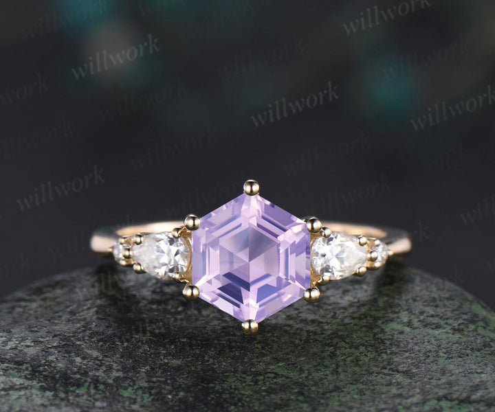 Unique hexagon cut Lavender Amethyst engagement ring set five stone moissanite yellow gold ring women matching wedding ring her gift