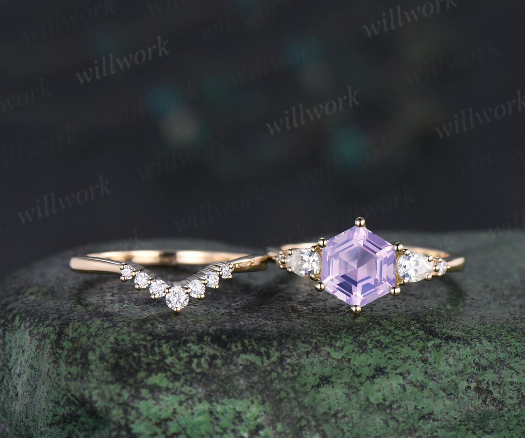 Unique hexagon cut Lavender Amethyst engagement ring set five stone moissanite yellow gold ring women matching wedding ring her gift