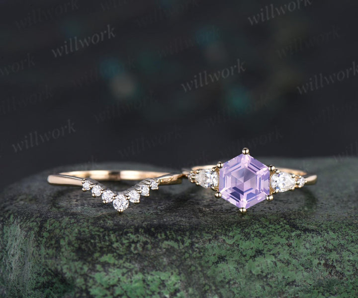 Unique hexagon cut Lavender Amethyst engagement ring set five stone moissanite yellow gold ring women matching wedding ring her gift