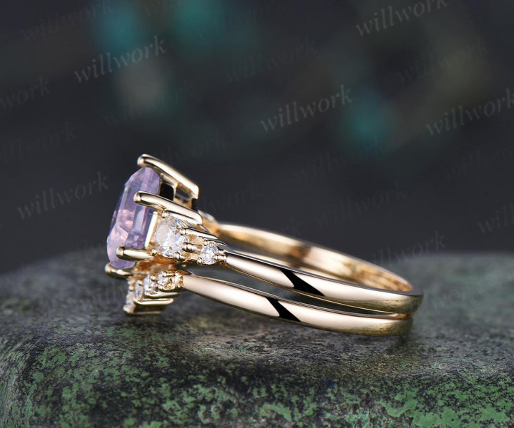 Unique hexagon cut Lavender Amethyst engagement ring set five stone moissanite yellow gold ring women matching wedding ring her gift