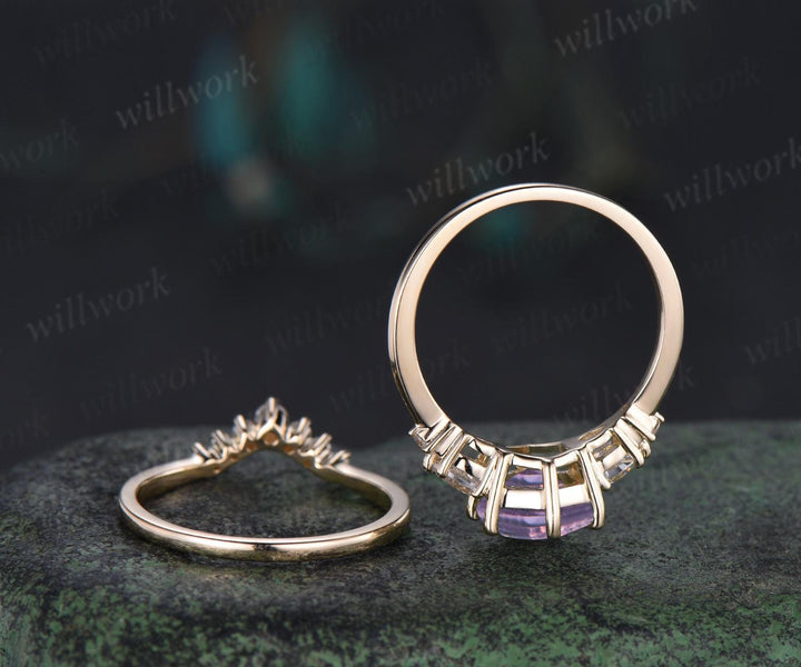Unique hexagon cut Lavender Amethyst engagement ring set five stone moissanite yellow gold ring women matching wedding ring her gift