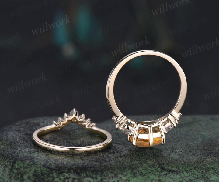 Unique hexagon cut yellow citrine engagement ring set five stone moissanite gold ring women matching wedding ring her gift silver