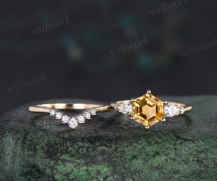 Unique hexagon cut yellow citrine engagement ring set five stone moissanite gold ring women matching wedding ring her gift silver