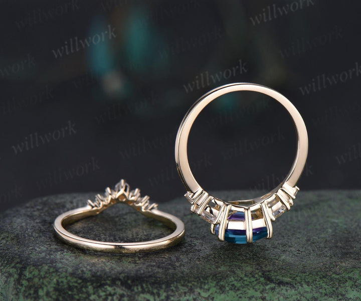 Unique hexagon cut Alexandrite engagement ring set solid 18k yellow gold 6 prong wedding ring set women June birthstone ring silver
