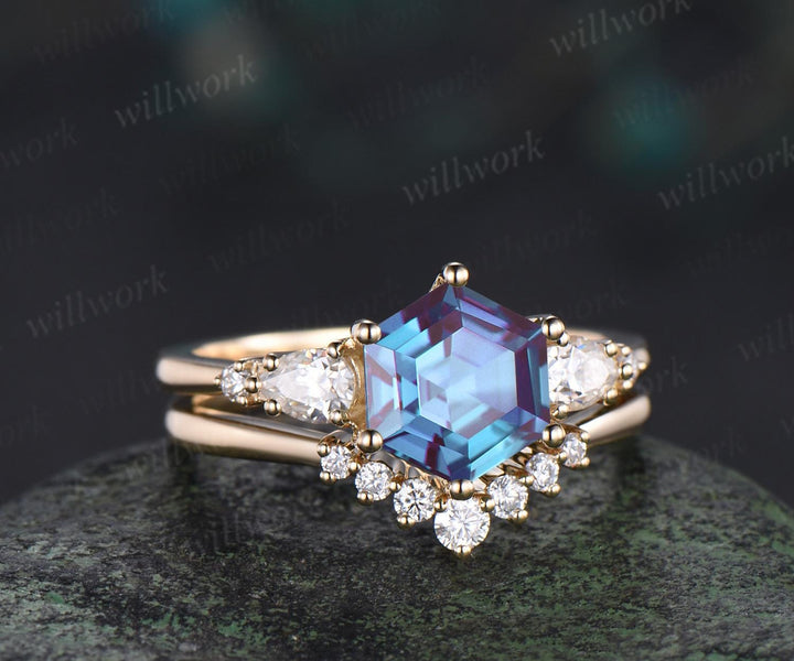 Unique hexagon cut Alexandrite engagement ring set solid 18k yellow gold 6 prong wedding ring set women June birthstone ring silver