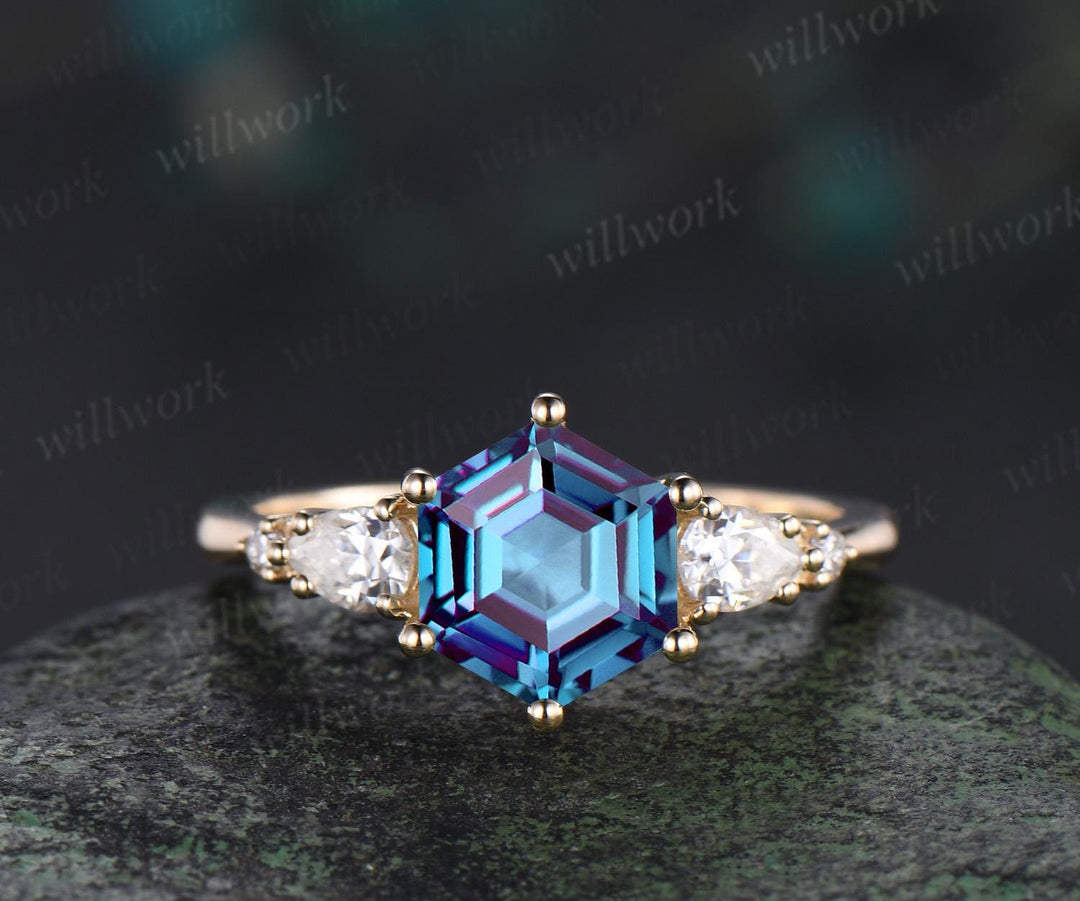 Unique hexagon cut Alexandrite engagement ring set solid 18k yellow gold 6 prong wedding ring set women June birthstone ring silver