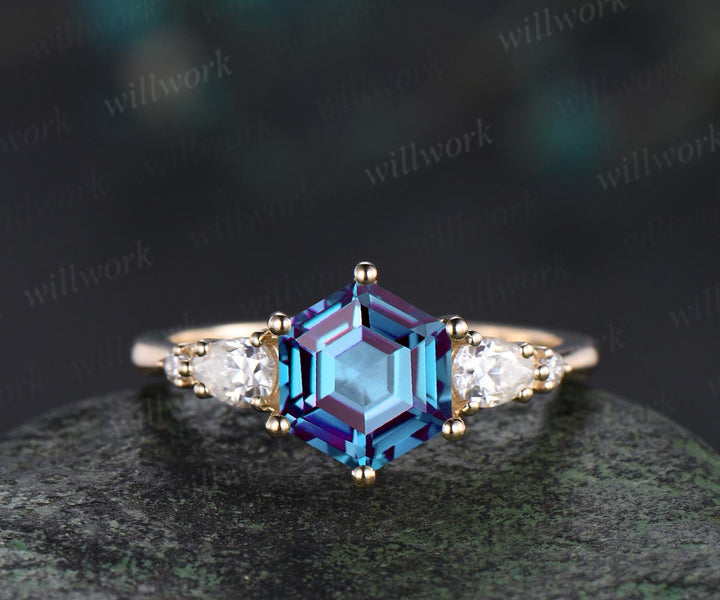 Unique hexagon cut Alexandrite engagement ring set solid 18k yellow gold 6 prong wedding ring set women June birthstone ring silver