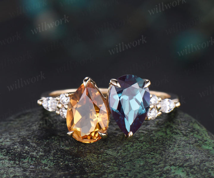 Pear citrine alexandrite engagement ring solid 14k yellow gold unique diamond wedding promise ring women jewelry