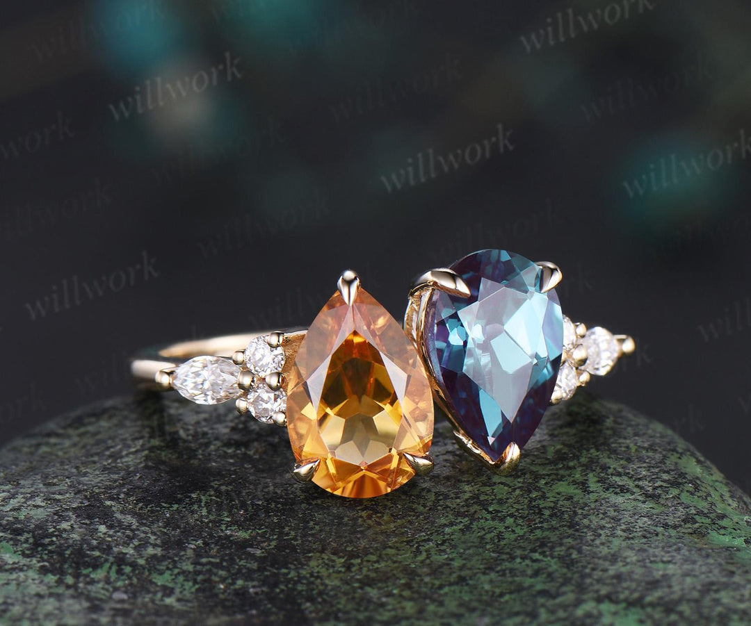 Pear citrine alexandrite engagement ring solid 14k yellow gold unique diamond wedding promise ring women jewelry