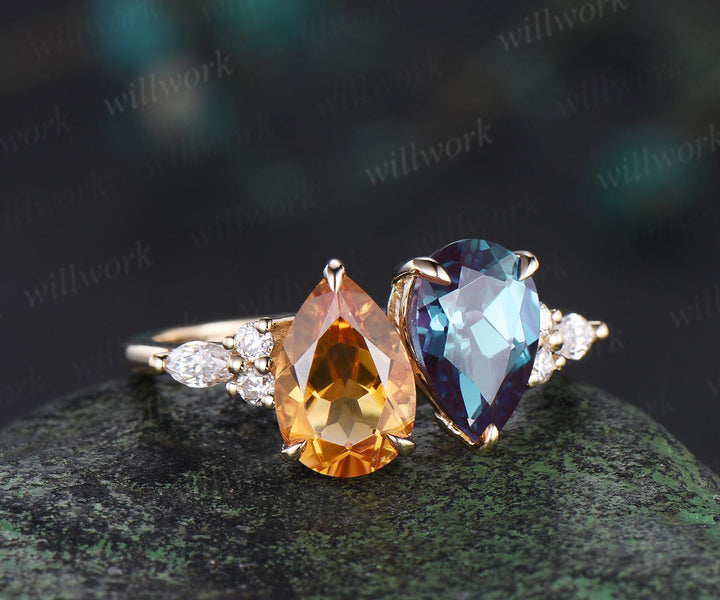 Pear citrine alexandrite engagement ring solid 14k yellow gold unique diamond wedding promise ring women jewelry