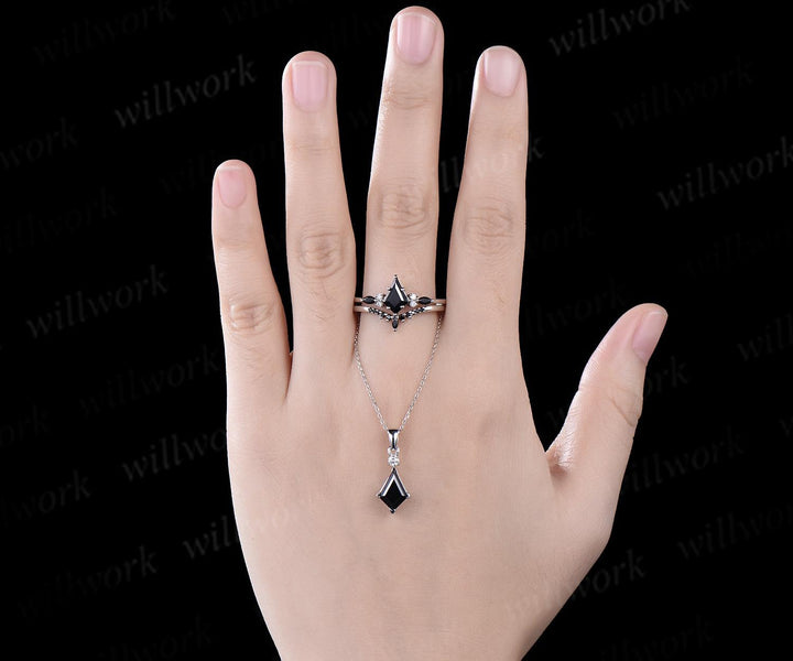 Kite cut black onyx ring necklace set vintage 14k white gold unique wedding promise ring set silver pendant for women